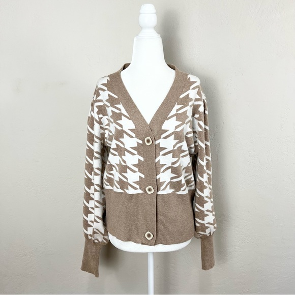 Joie Houndstooth Light Brown Puff Sleeve Cardigan Sweater Womens Size Medium - Picture 2 of 8